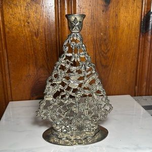Vintage GODINGER Silver Plated CHRISTMAS TREE Candle Holder 10" Filagree Patina